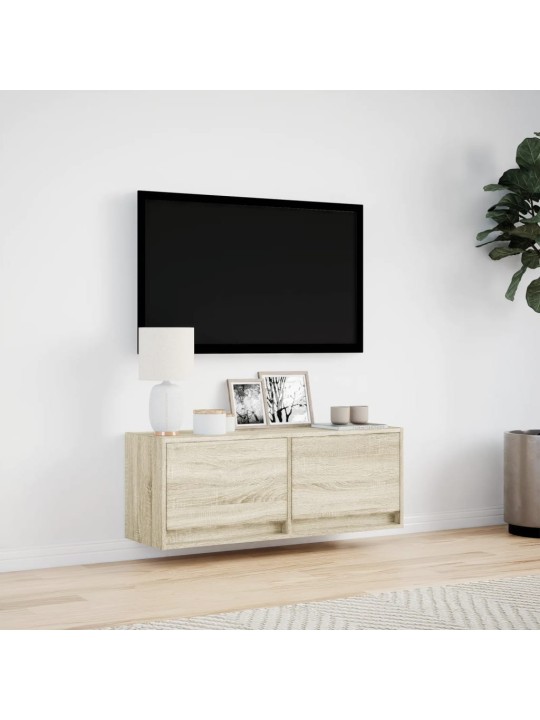 Tv sienas skapītis ar led lampiņām, koka krāsa, 100x31x38 cm