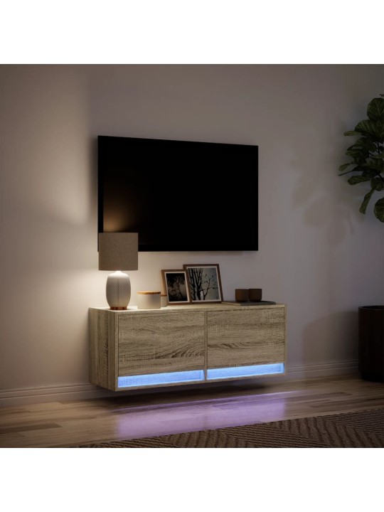 Tv sienas skapītis ar led lampiņām, koka krāsa, 100x31x38 cm