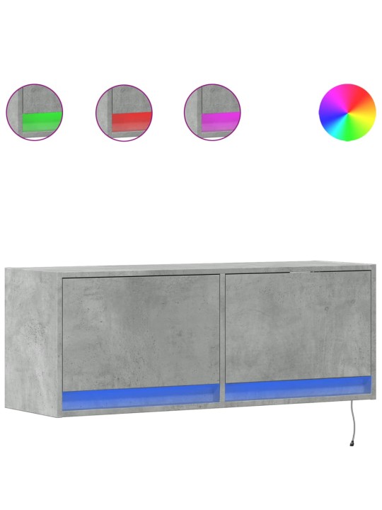 Tv sienas skapītis ar led lampiņām, betona pelēks, 100x31x38 cm