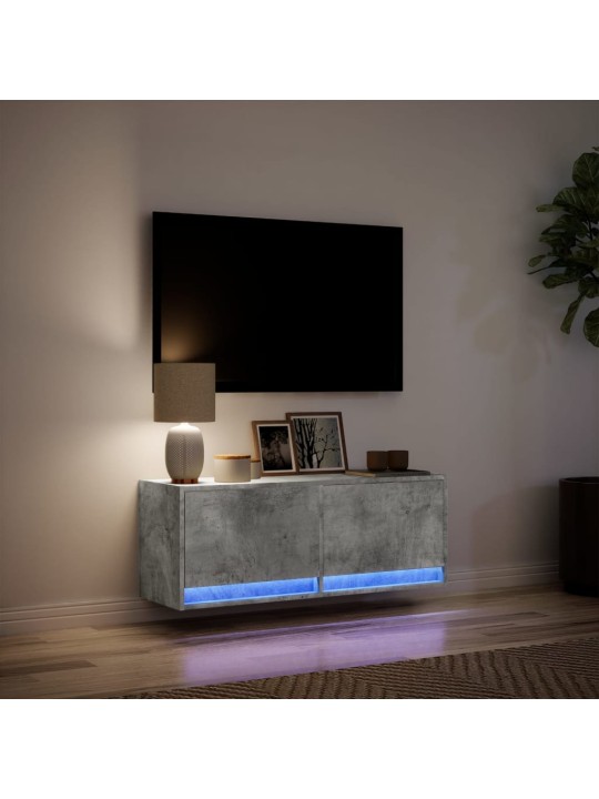 Tv sienas skapītis ar led lampiņām, betona pelēks, 100x31x38 cm