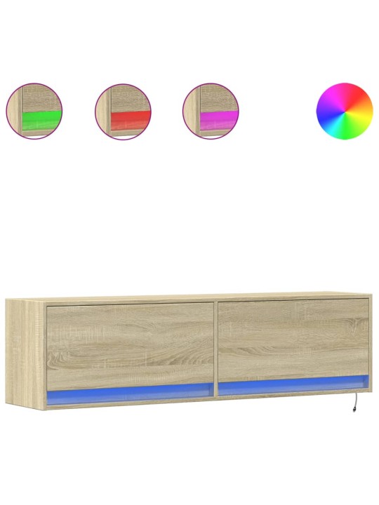 Tv sienas skapītis ar led lampiņām, koka krāsa, 140x31x38 cm