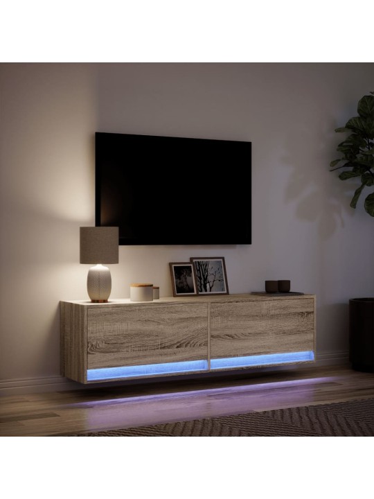 Tv sienas skapītis ar led lampiņām, koka krāsa, 140x31x38 cm