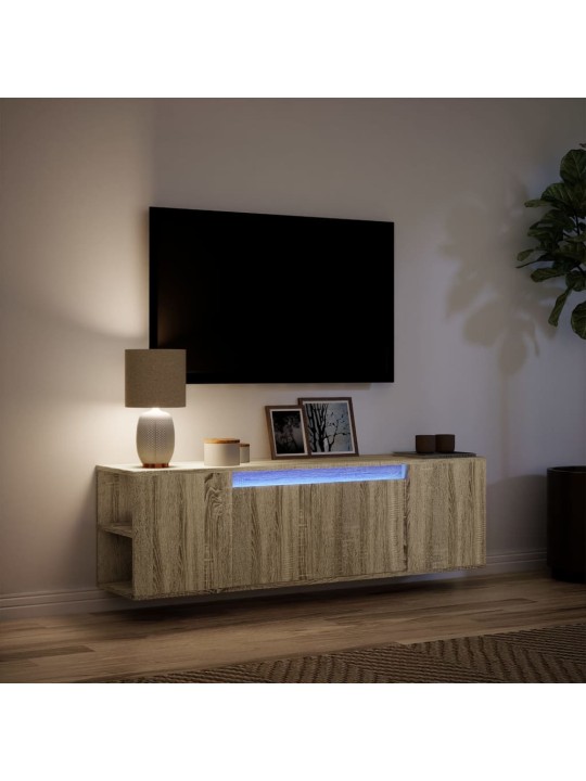 Tv sienas skapītis ar led lampiņām, koka krāsa, 135x31x39,5 cm