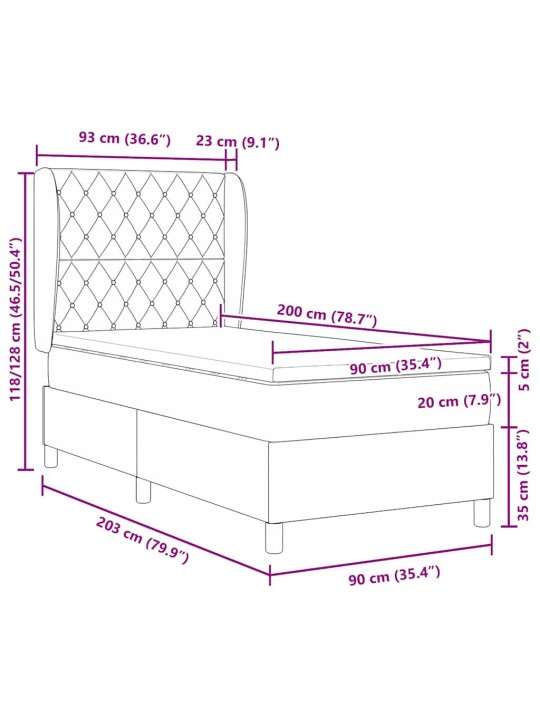 Kastītes atsperu gulta ar matraci melna 90 x 200 cm samts