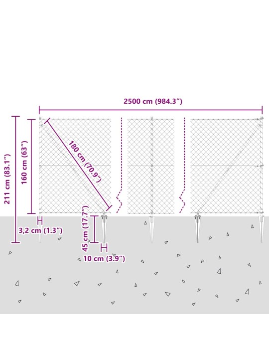 Ķēdes žogs ar stabiem pelēka 1.6 x 25 m tērauds