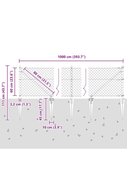 Ķēdes žogs ar stabiem sudraba 0.6 x 10 m tērauds