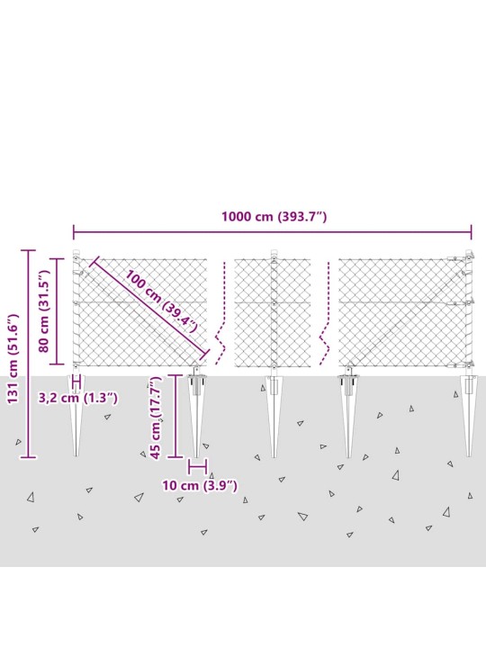 Ķēdes žogs ar stabiem sudraba 0.8 x 10 m tērauds