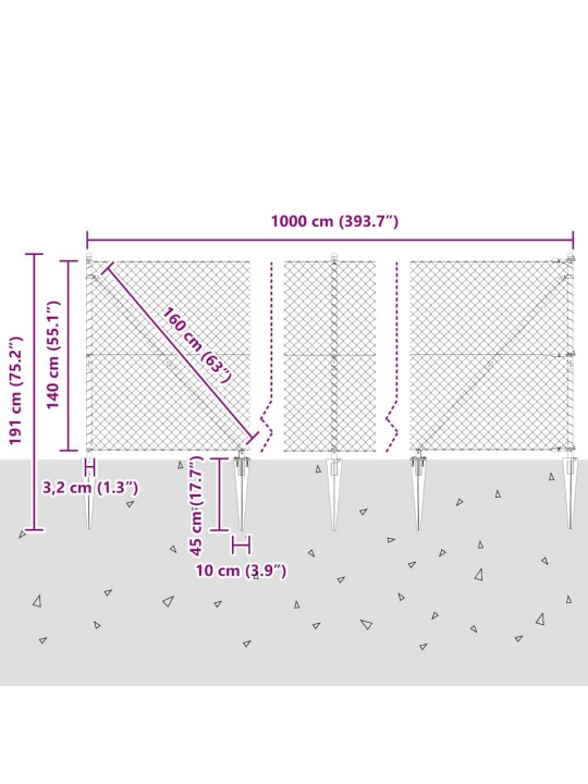 Ķēdes žogs ar stabiem sudraba 1.4 x 10 m tērauds