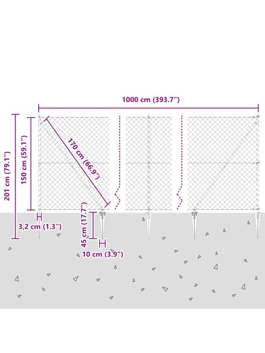 Ķēdes žogs ar stabiem sudraba 1.5 x 10 m tērauds