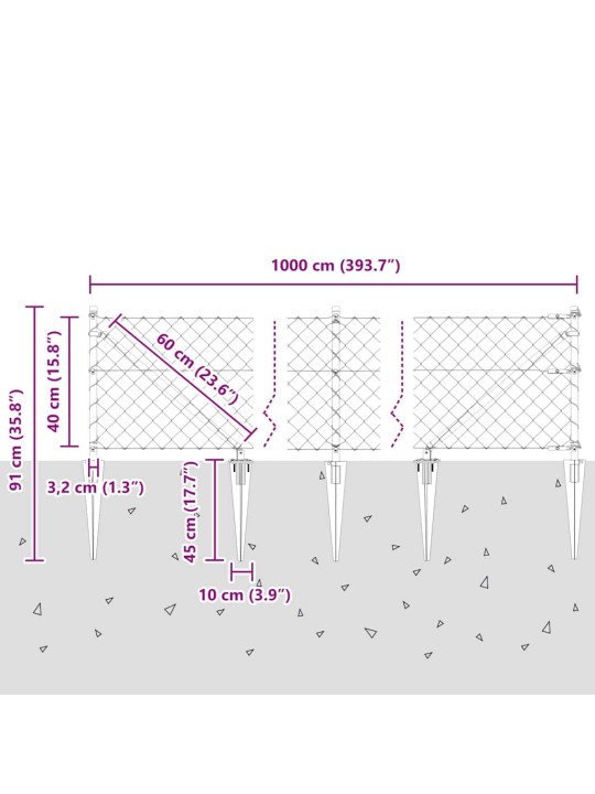 Ķēdes žogs ar stabiem sudraba 0.4 x 10 m tērauds