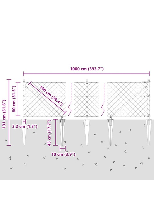 Ķēdes žogs ar stabiem sudraba 0.8 x 10 m tērauds