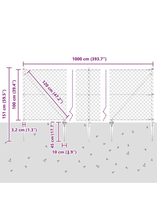 Ķēdes žogs ar stabiem sudraba 1 x 10 m tērauds