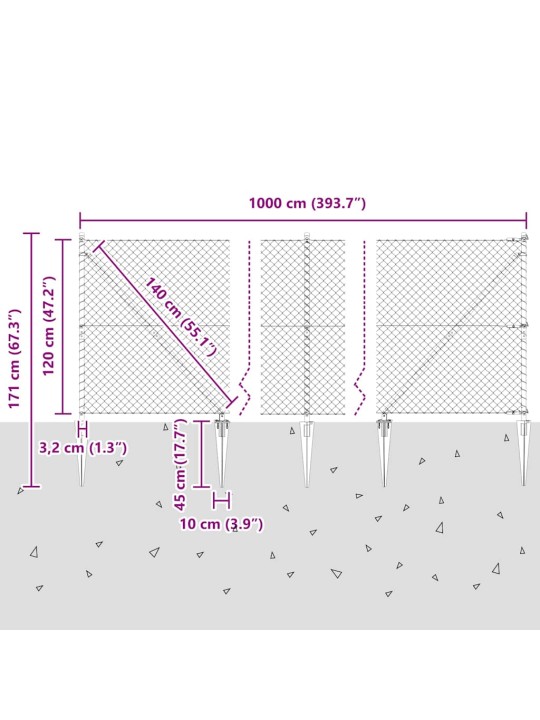 Ķēdes žogs ar stabiem sudraba 1.2 x 10 m tērauds