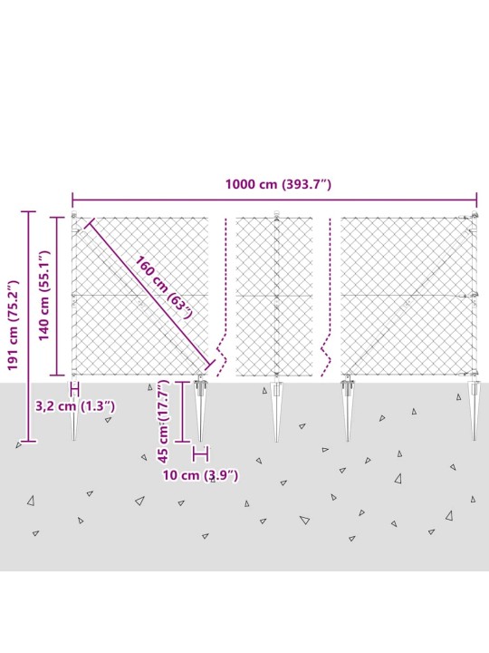 Ķēdes žogs ar stabiem sudraba 1.4 x 10 m tērauds