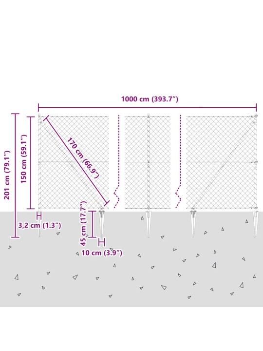 Ķēdes žogs ar stabiem sudraba 1.5 x 10 m tērauds