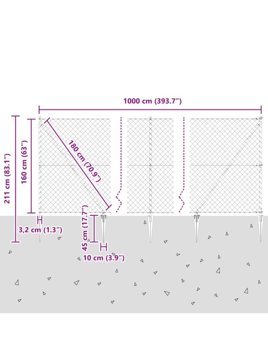 Ķēdes žogs ar stabiem sudraba 1.6 x 10 m tērauds