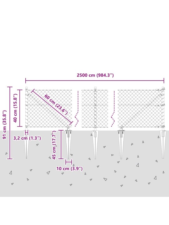 Ķēdes žogs ar stabiem sudraba 0.4 x 25 m tērauds
