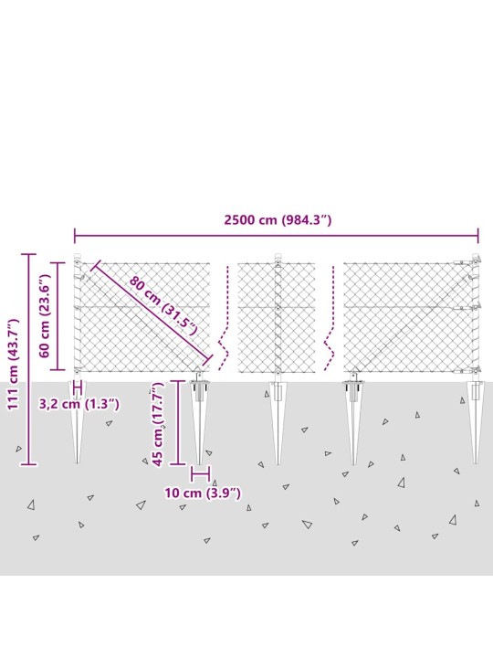 Ķēdes žogs ar stabiem sudraba 0.6 x 25 m tērauds