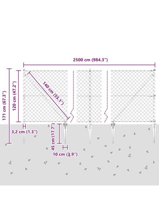 Ķēdes žogs ar stabiem sudraba 1.2 x 25 m tērauds