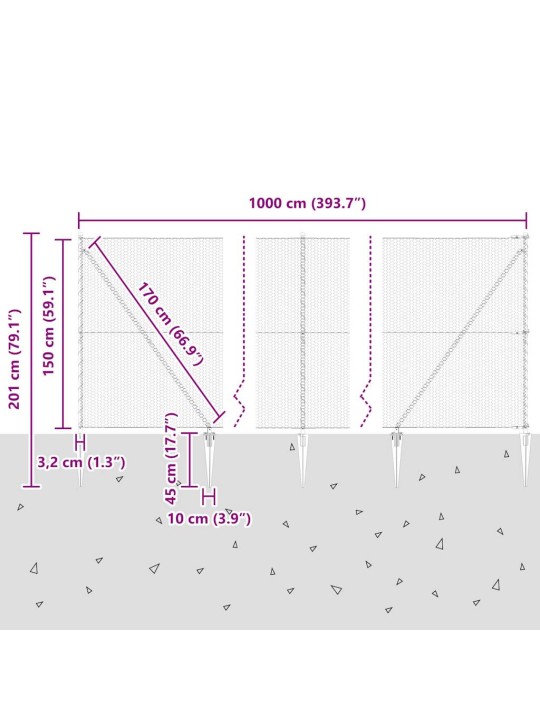 Žogs ar stabiem. pelēka 1.5 x 10 m pvc pārklāts tērauds