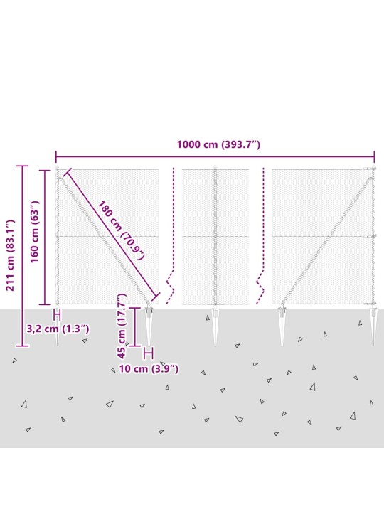 Žogs ar stabiem. pelēka 1.6 x 10 m pvc pārklāts tērauds