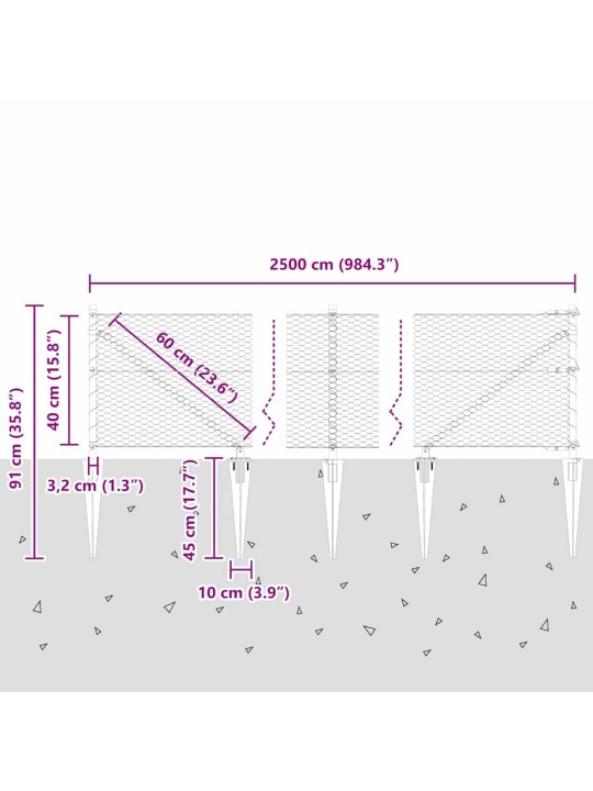 Žogs ar stabiem. pelēka 0.4 x 25 m pvc pārklāts tērauds