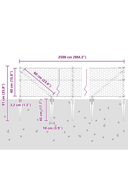 Žogs ar stabiem. pelēka 0.4 x 25 m pvc pārklāts tērauds