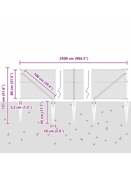 Žogs ar stabiem. pelēka 0.8 x 25 m pvc pārklāts tērauds