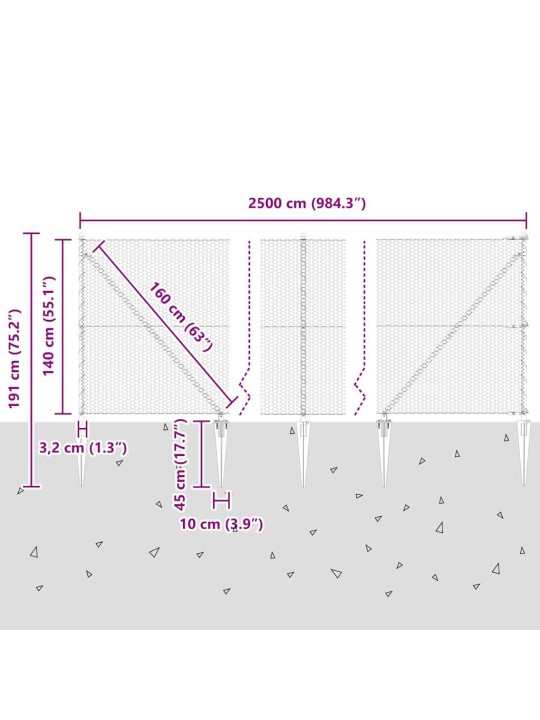 Žogs ar stabiem. pelēka 1.4 x 25 m pvc pārklāts tērauds