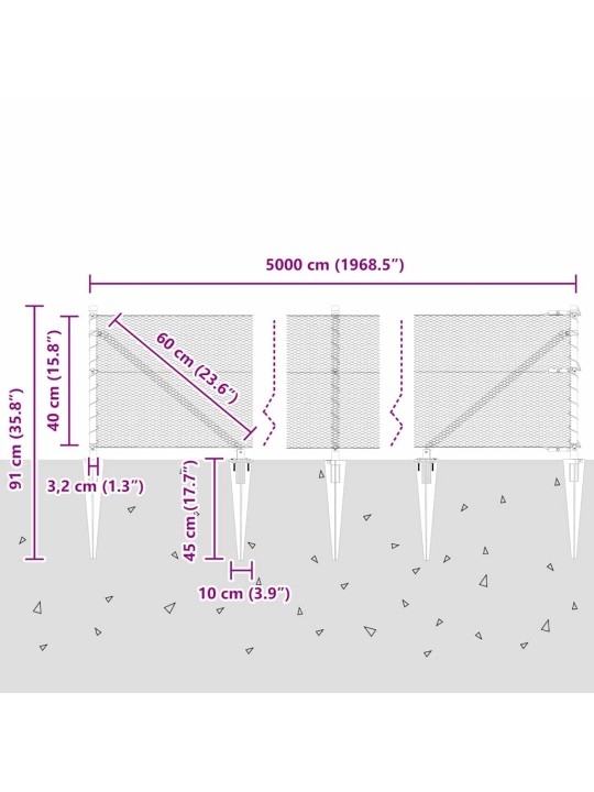 Žogs ar stabiem. pelēka 0.4 x 50 m pvc pārklāts tērauds