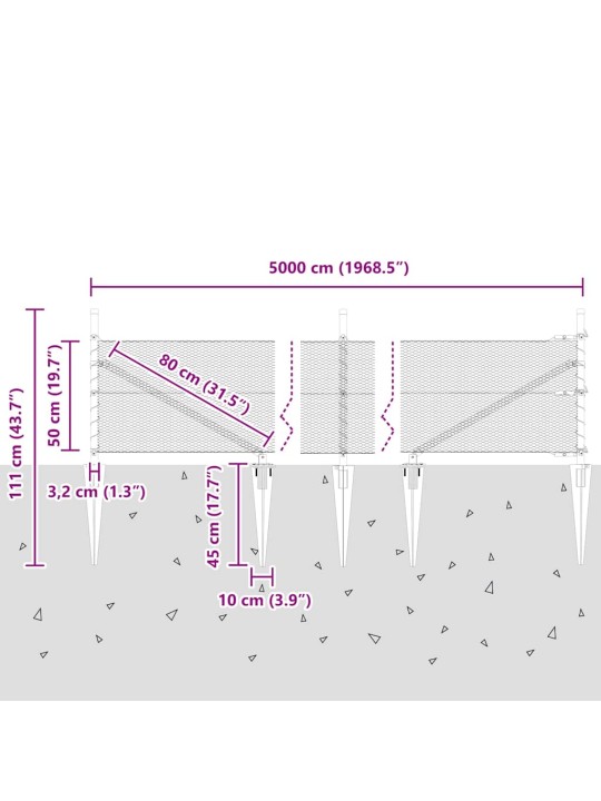 Žogs ar stabiem. pelēka 0.5 x 50 m pvc pārklāts tērauds