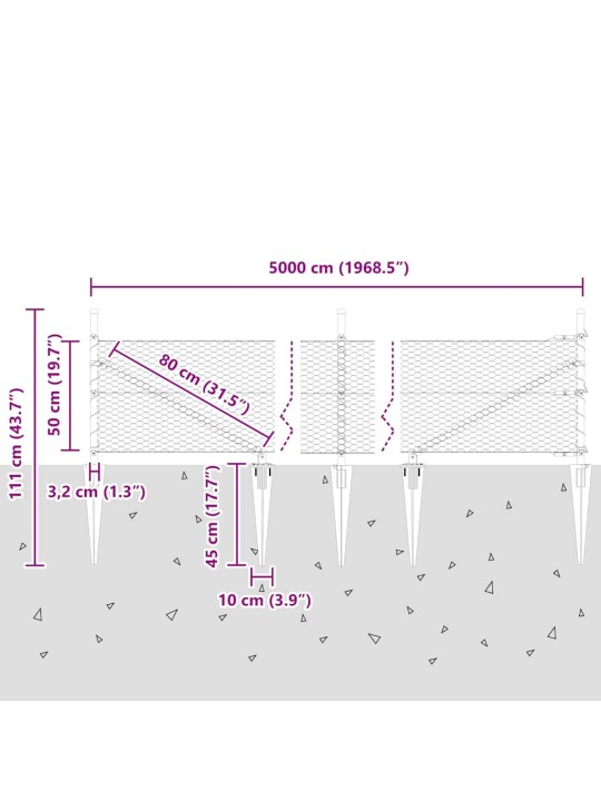 Žogs ar stabiem. pelēka 0.5 x 50 m pvc pārklāts tērauds