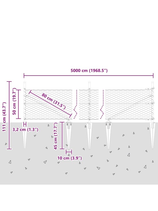 Žogs ar stabiem. pelēka 0.5 x 50 m pvc pārklāts tērauds