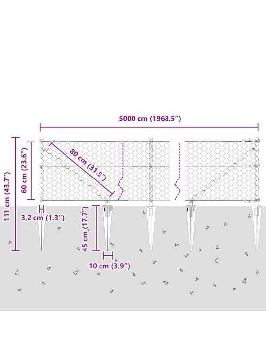 Žogs ar stabiem. pelēka 0.6 x 50 m pvc pārklāts tērauds
