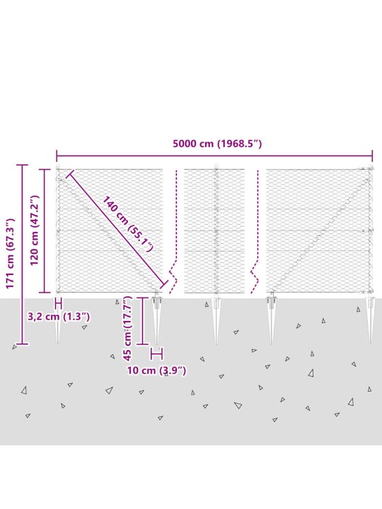 Žogs ar stabiem. pelēka 1.2 x 50 m pvc pārklāts tērauds