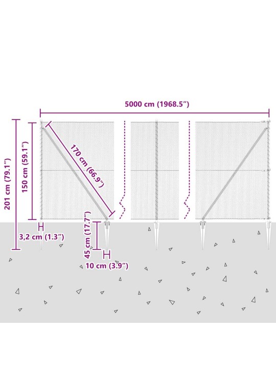 Žogs ar stabiem. pelēka 1.5 x 50 m pvc pārklāts tērauds