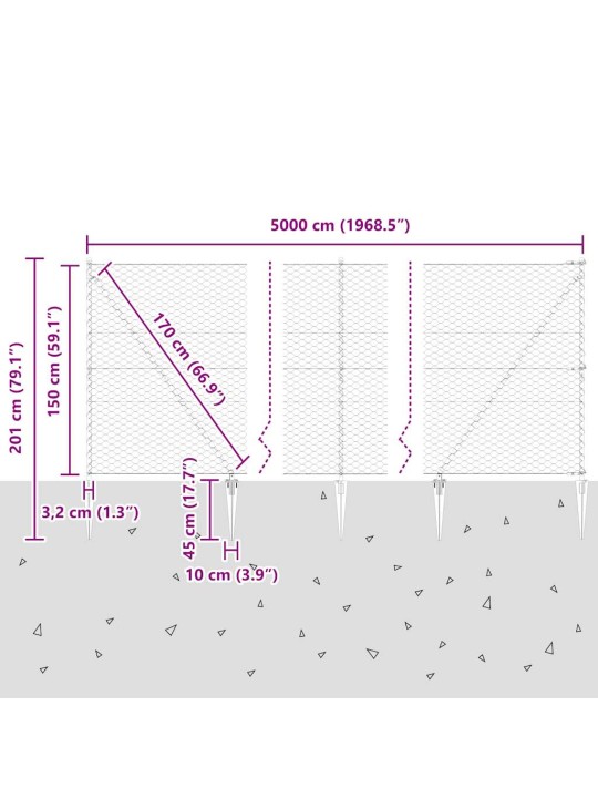 Žogs ar stabiem. pelēka 1.5 x 50 m pvc pārklāts tērauds