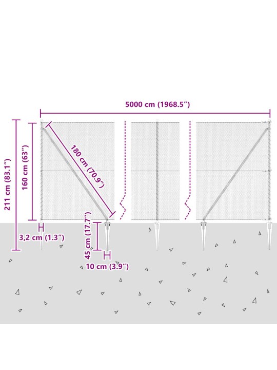 Žogs ar stabiem. pelēka 1.6 x 50 m pvc pārklāts tērauds