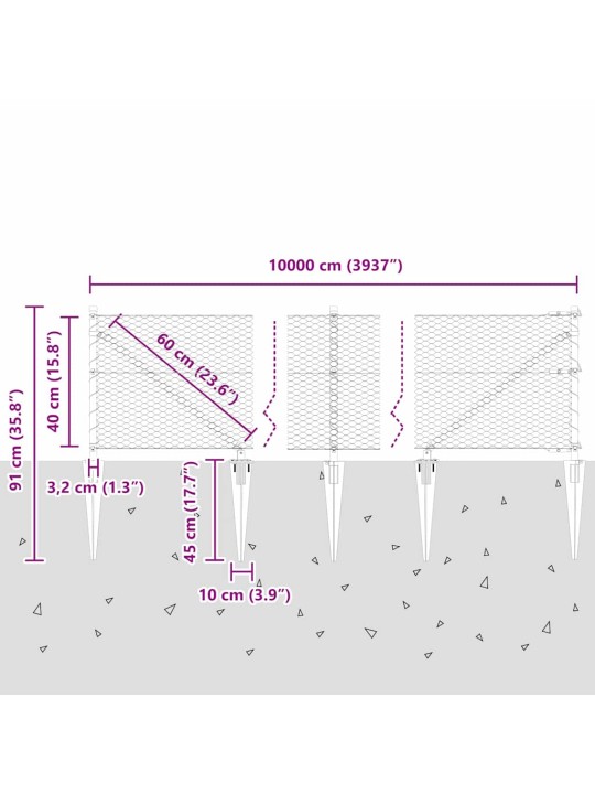 Žogs ar stabiem. pelēka 0.4 x 100 m pvc pārklāts tērauds