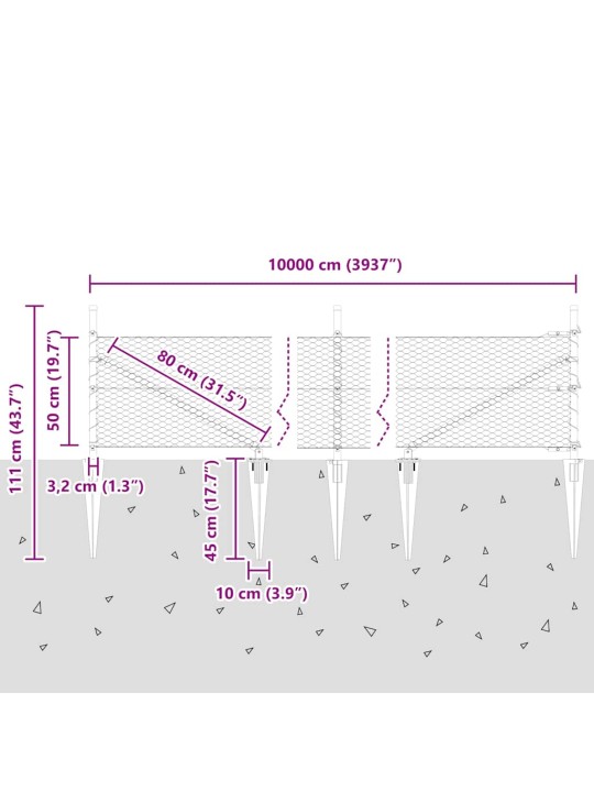 Žogs ar stabiem. pelēka 0.5 x 100 m pvc pārklāts tērauds