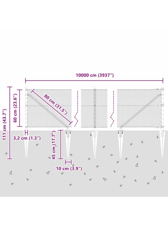 Žogs ar stabiem. pelēka 0.6 x 100 m pvc pārklāts tērauds