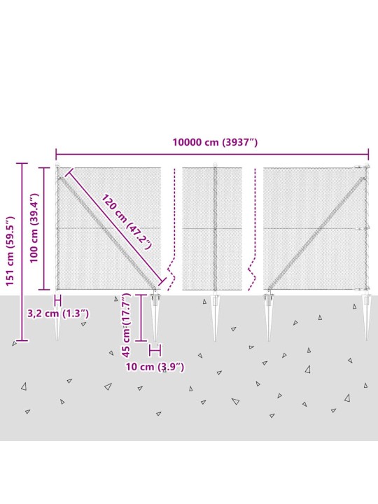 Žogs ar stabiem. sudraba 1 x 100 m pvc pārklāts tērauds