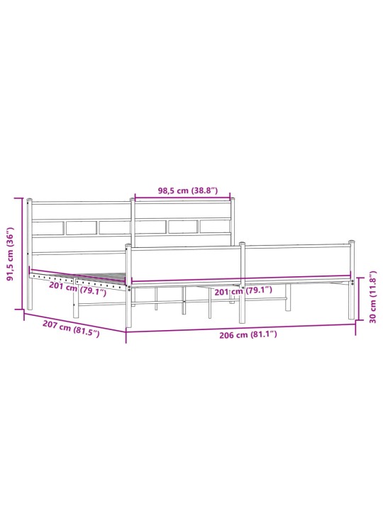 Gultas rāmis bez matrača, metāls, 200x200cm, ozolkoka imitācija