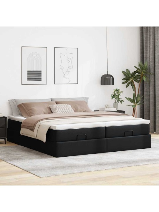 Osmaņu gultas rāmis ar matračiem melns 180x200 cm mākslīgā āda