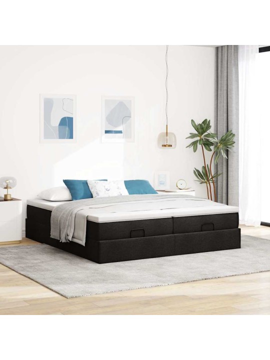 Osmaņu gultas rāmis ar matračiem melns 180x200cm audums