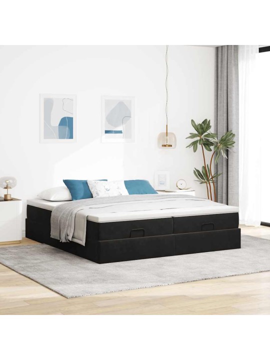 Osmaņu gultas rāmis ar matračiem melns 180x200cm audums