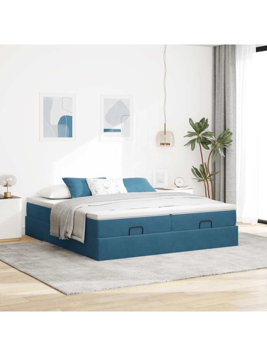 Osmaņu gultas rāmis ar matračiem tumši zils 180x200cm audums