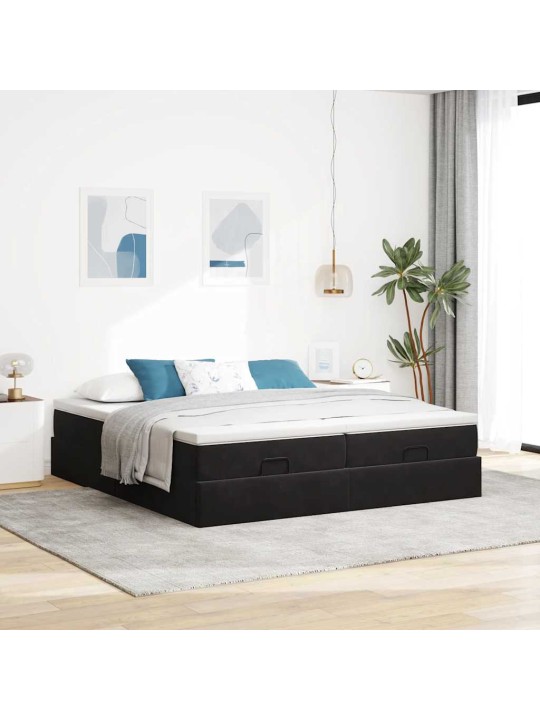 Osmaņu gultas rāmis ar matračiem melns 200x200cm audums