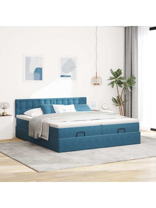 Osmaņu gultas rāmis ar matračiem tumši zils 180x200cm audums