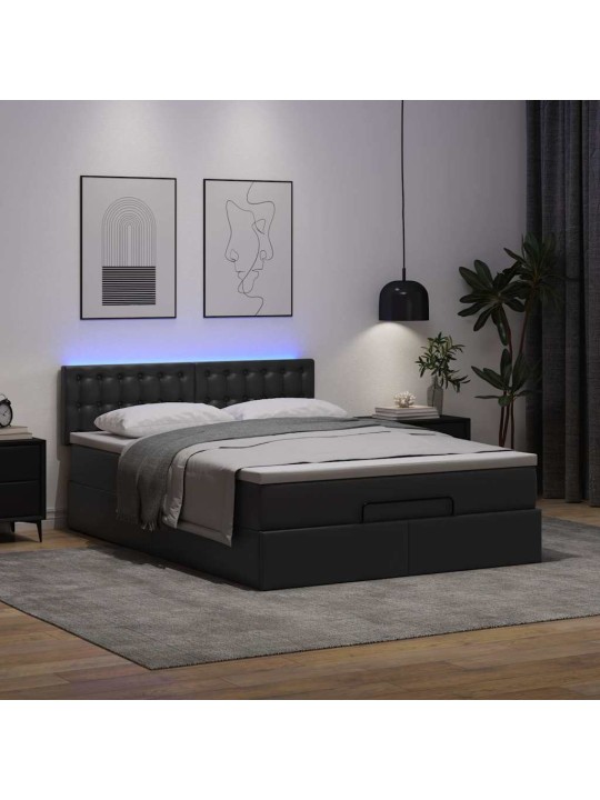 Osmaņu gulta ar matračiem un led, melns, 140x200cm mākslīgā āda